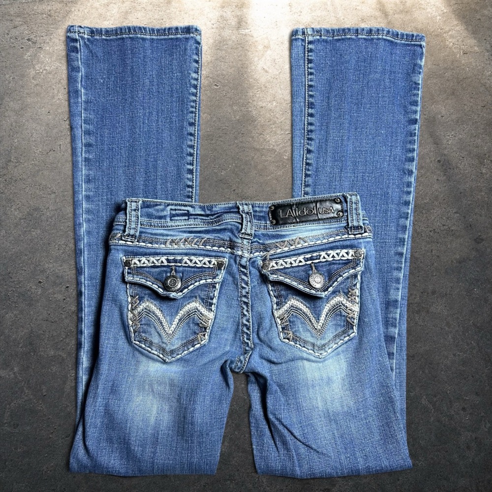 LA Idol USA Bootcut Embellished Pocket Jeans Blue Y2K Western Size 3 W28 L33
